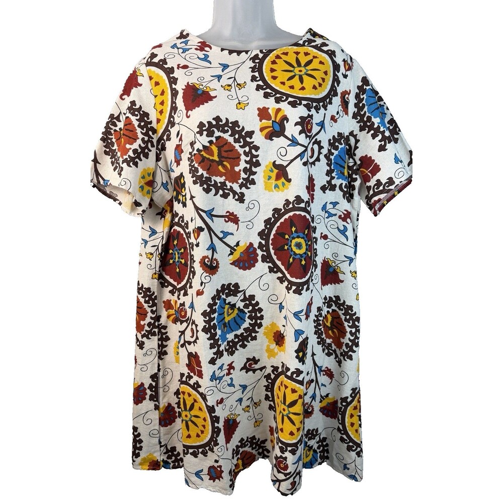 Emery Rose Boho Mandala Short Sleeve Tunic Shift Dress 1X 100% Cotton Cream Gold